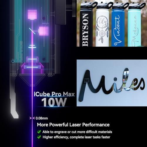         SCULPFUN iCube Pro Max Gravador a Laser, Cortador a Laser CNC com Potência de Saída de 10W, Máquina de Gravação de Alta Velocidade de 10.000 mm/min com Sistema de Filtragem de Fumaça, 120 120mm       